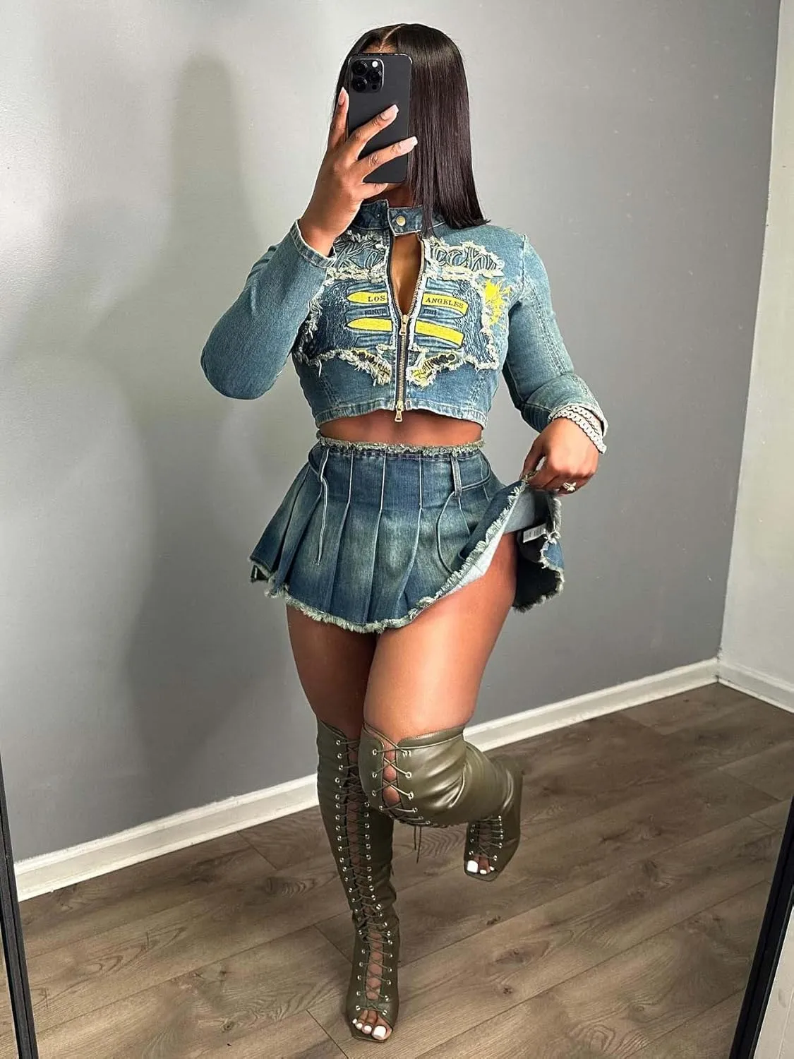 Women's Vintage Distressed Denim Set Exquisite 3D Embroidered Top and Pleated High-Waisted Ruffle Y2K Skirt