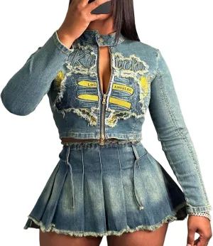 Women's Vintage Distressed Denim Set Exquisite 3D Embroidered Top and Pleated High-Waisted Ruffle Y2K Skirt