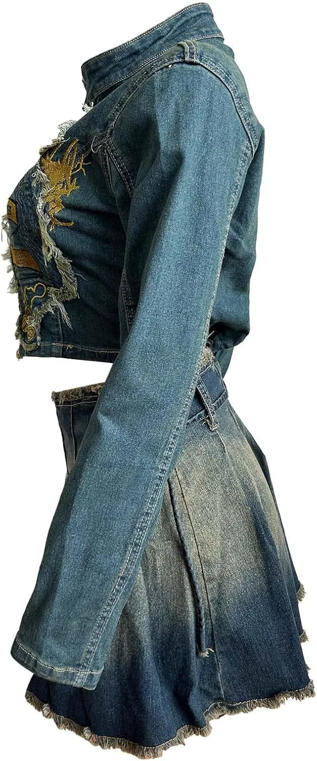 Women's Vintage Distressed Denim Set Exquisite 3D Embroidered Top and Pleated High-Waisted Ruffle Y2K Skirt