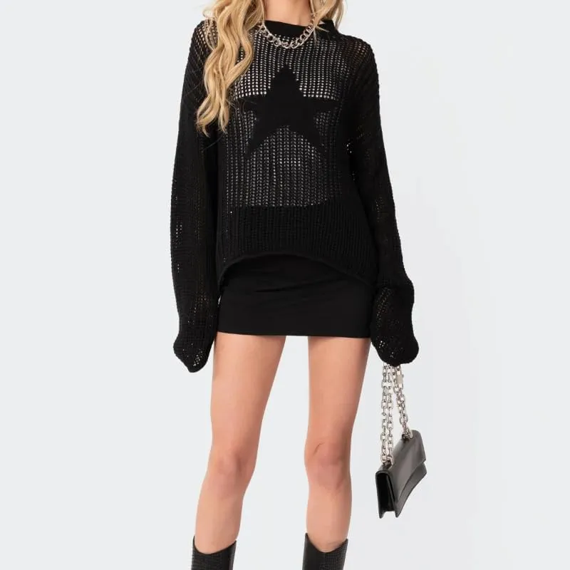 Women's Vintage Hollow Out Star Knit Pullover Sweaters Long Sleeve Round Neck Jumper Tops Casual Dailywear