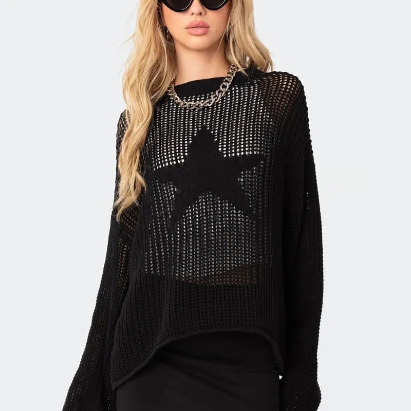 Women's Vintage Hollow Out Star Knit Pullover Sweaters Long Sleeve Round Neck Jumper Tops Casual Dailywear