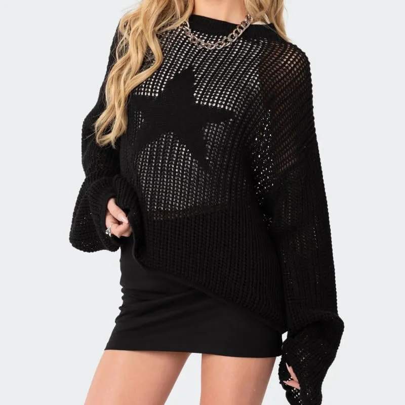 Women's Vintage Hollow Out Star Knit Pullover Sweaters Long Sleeve Round Neck Jumper Tops Casual Dailywear