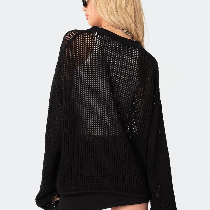 Women's Vintage Hollow Out Star Knit Pullover Sweaters Long Sleeve Round Neck Jumper Tops Casual Dailywear
