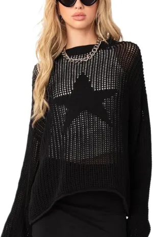 Women's Vintage Hollow Out Star Knit Pullover Sweaters Long Sleeve Round Neck Jumper Tops Casual Dailywear