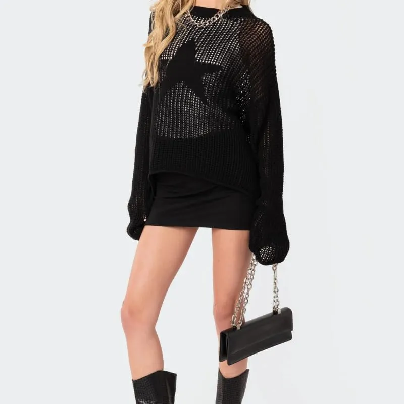 Women's Vintage Hollow Out Star Knit Pullover Sweaters Long Sleeve Round Neck Jumper Tops Casual Dailywear