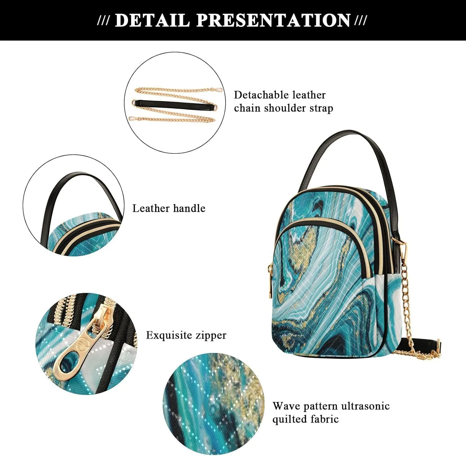 Women's Wave Cross Body Chest Bag, 52 inch Gold Chain Shoulder Handbag Purse
