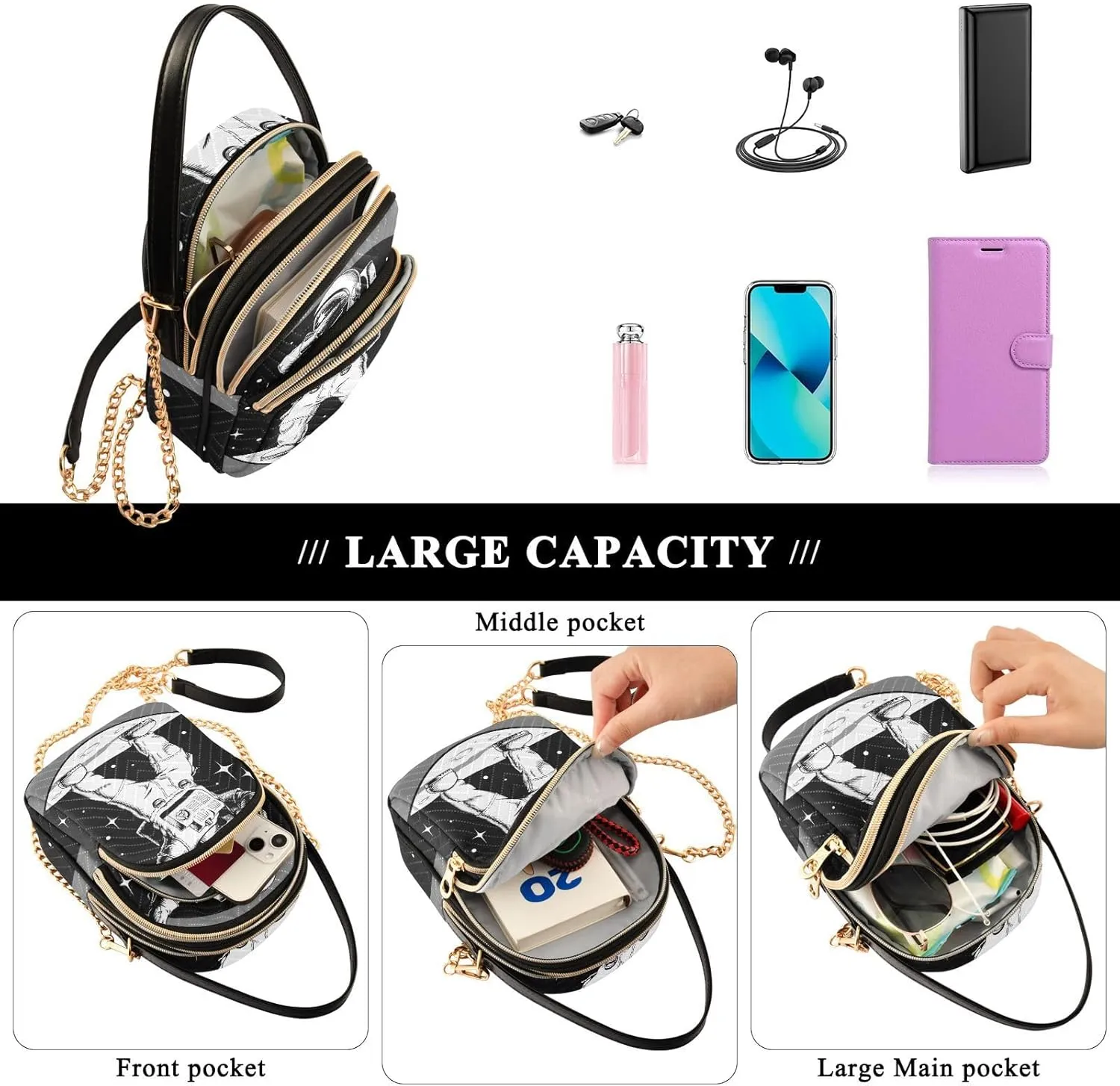 Women's Wave Cross Body Chest Bag, 52 inch Gold Chain Shoulder Handbag Purse