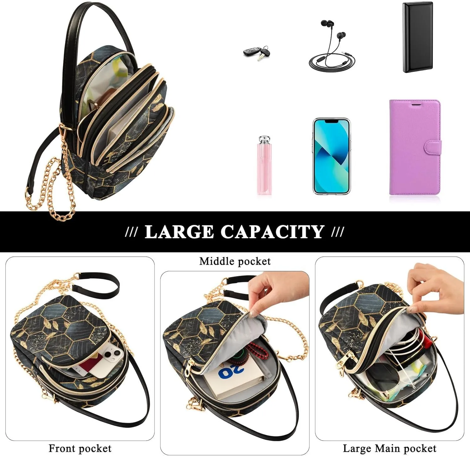 Women's Wave Cross Body Chest Bag, 52 inch Gold Chain Shoulder Handbag Purse