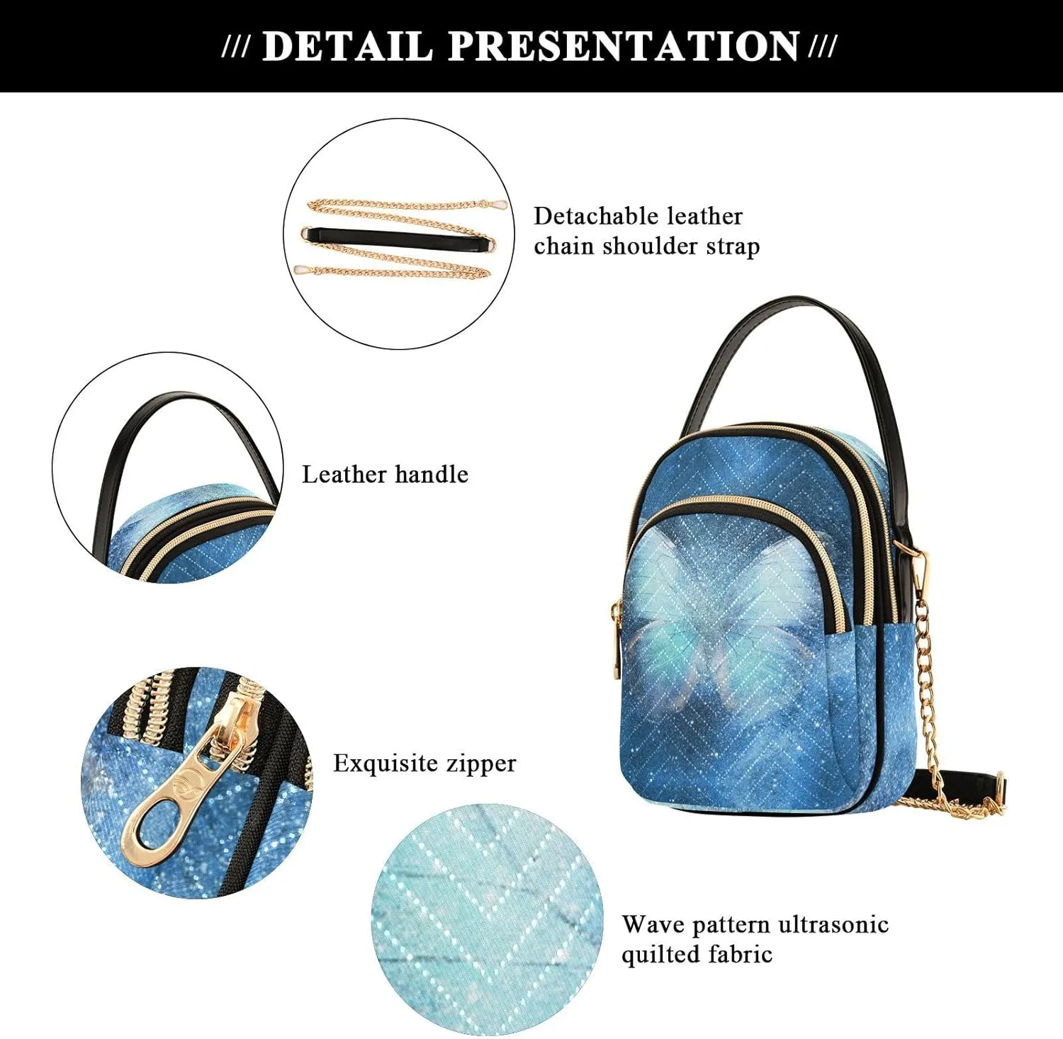 Women's Wave Cross Body Chest Bag, 52 inch Gold Chain Shoulder Handbag Purse