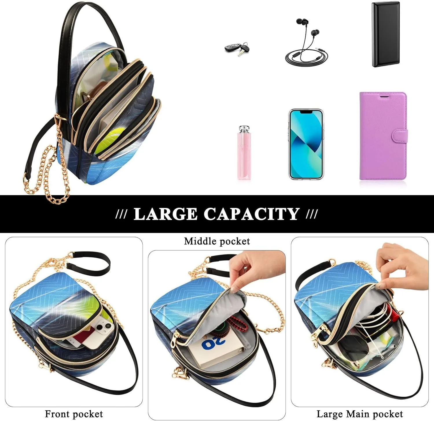 Women's Wave Cross Body Chest Bag, 52 inch Gold Chain Shoulder Handbag Purse