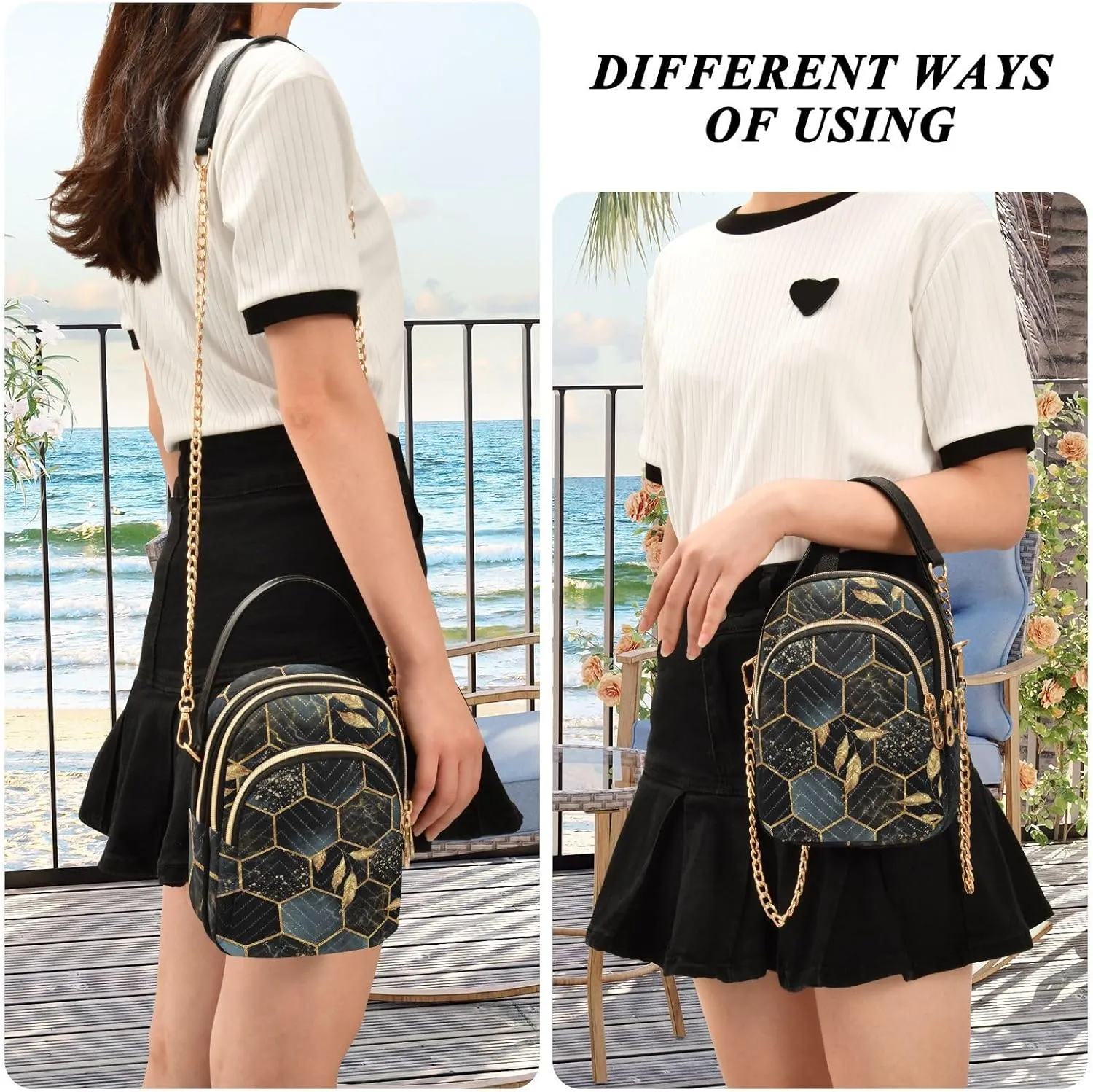 Women's Wave Cross Body Chest Bag, 52 inch Gold Chain Shoulder Handbag Purse