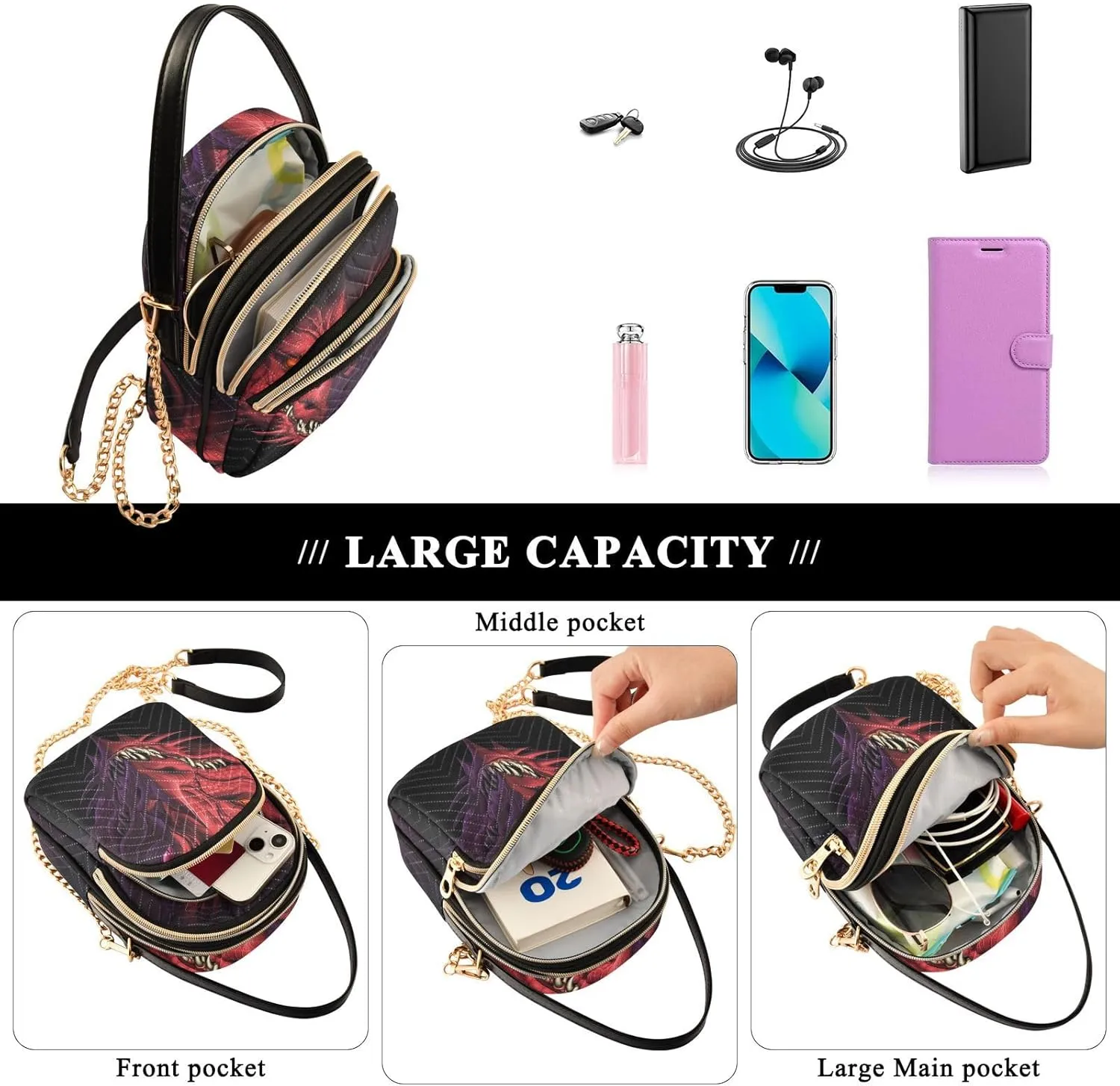 Women's Wave Cross Body Chest Bag, 52 inch Gold Chain Shoulder Handbag Purse