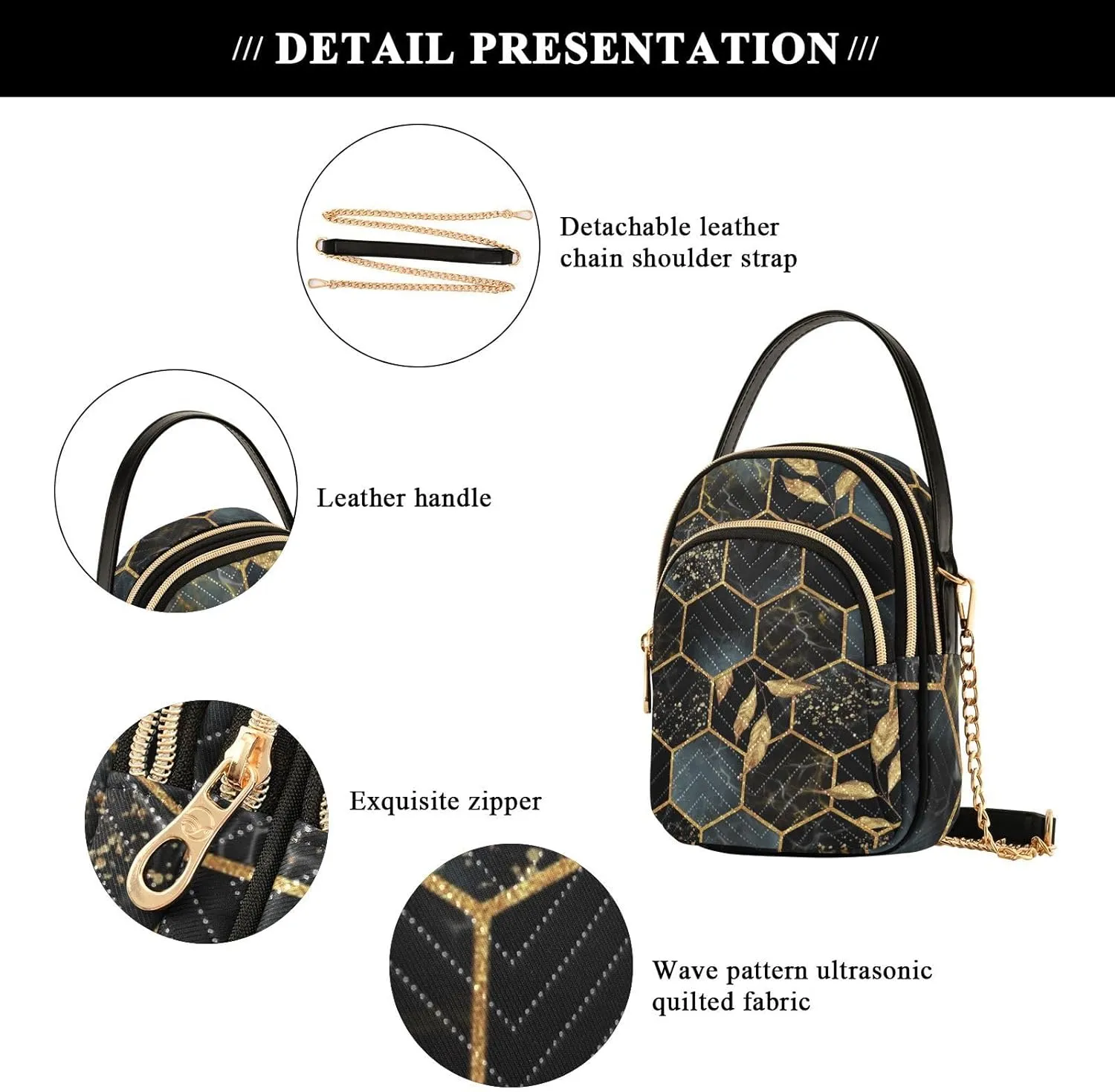 Women's Wave Cross Body Chest Bag, 52 inch Gold Chain Shoulder Handbag Purse