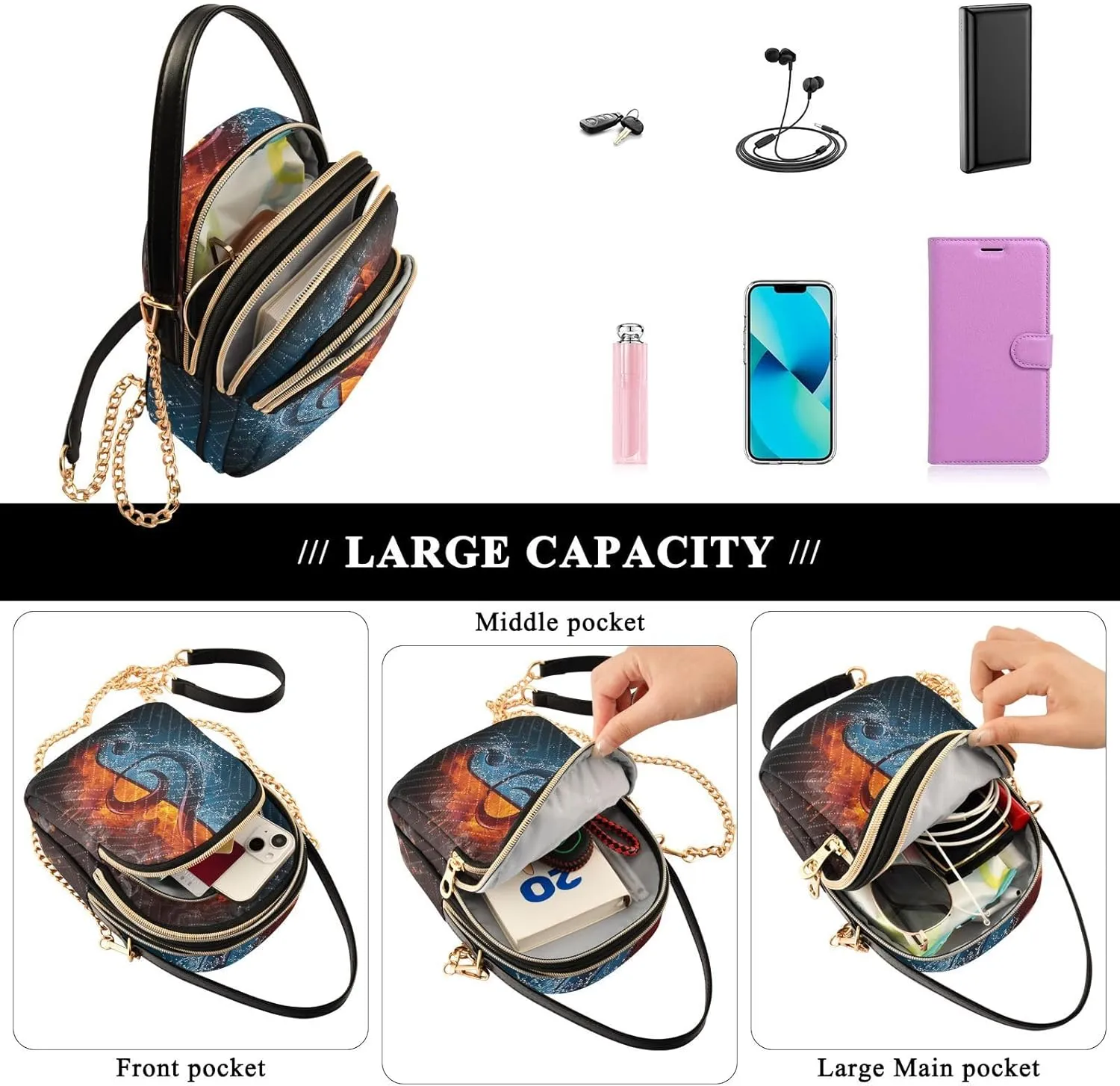 Women's Wave Cross Body Chest Bag, 52 inch Gold Chain Shoulder Handbag Purse