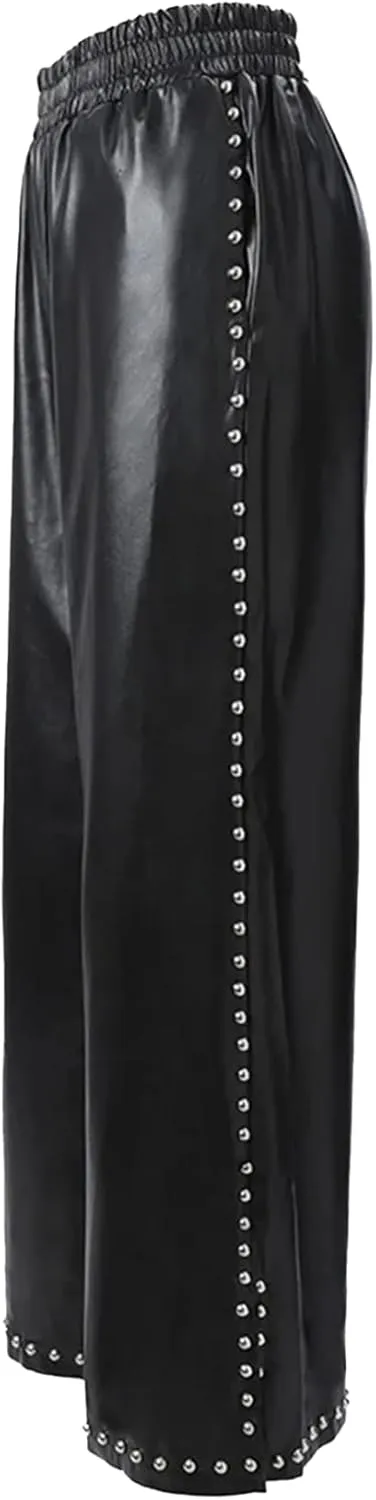 Women's Wide Leg Faux Leather Pants Rivets Pearls Elastic Waist Beggy Trousers with Pockets
