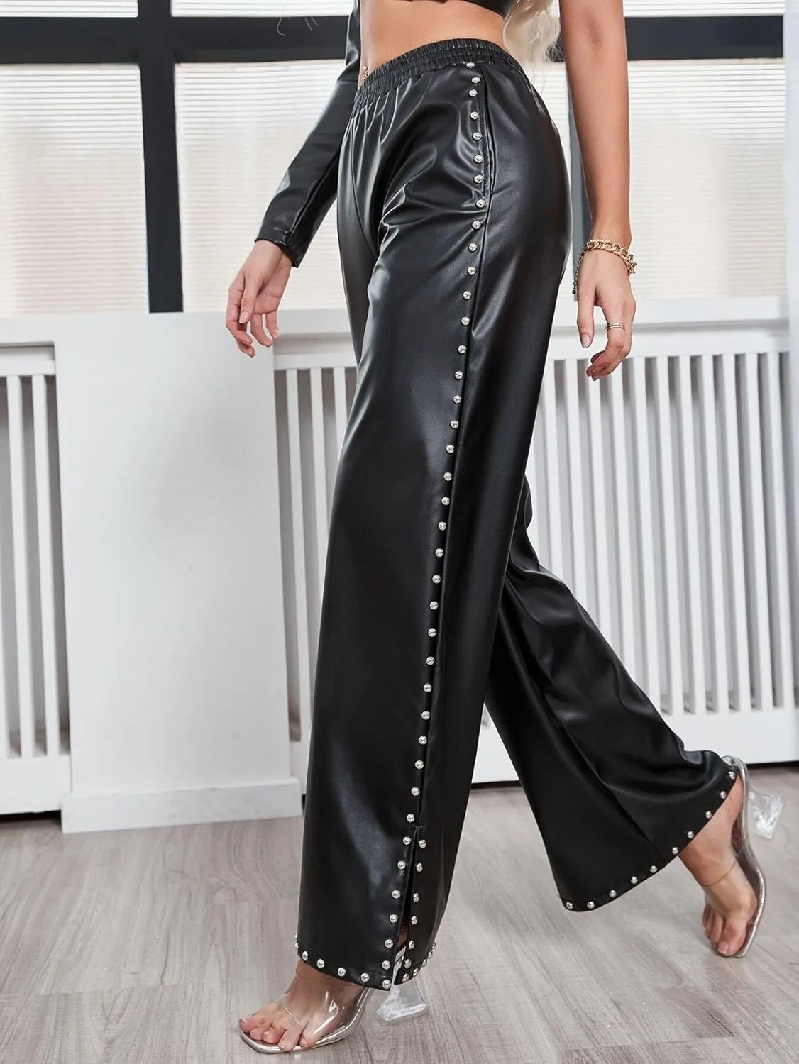 Women's Wide Leg Faux Leather Pants Rivets Pearls Elastic Waist Beggy Trousers with Pockets