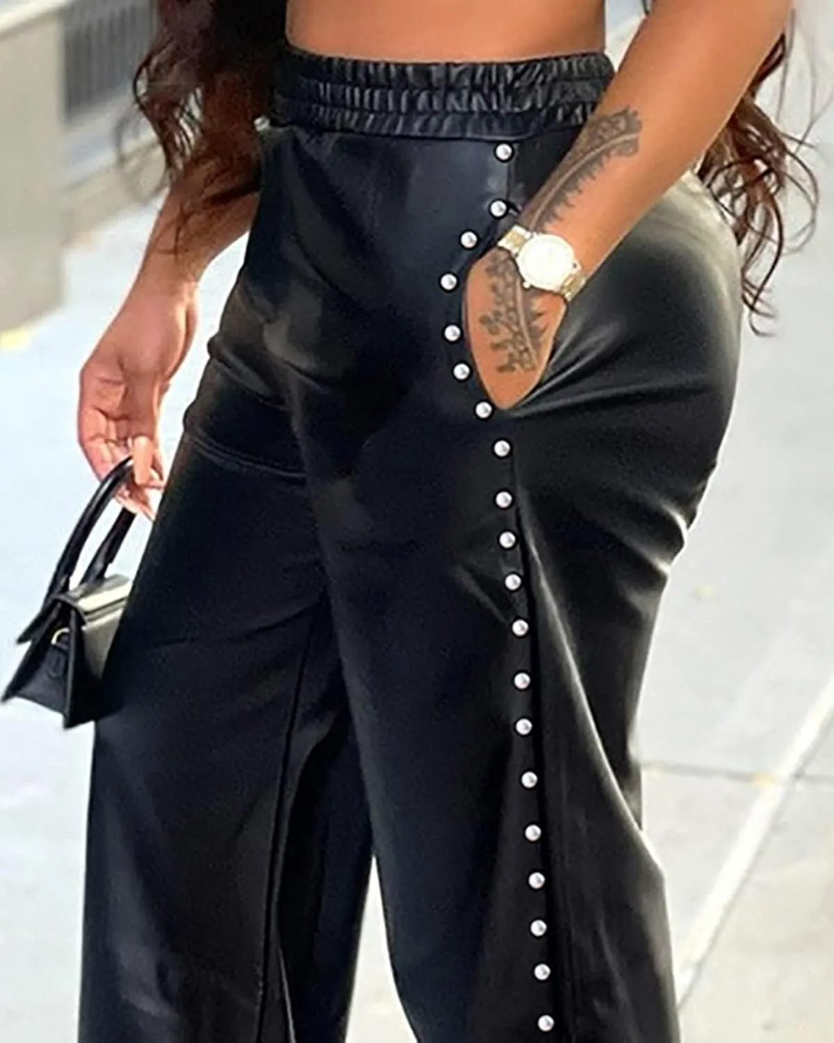 Women's Wide Leg Faux Leather Pants Rivets Pearls Elastic Waist Beggy Trousers with Pockets