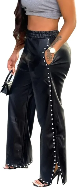 Women's Wide Leg Faux Leather Pants Rivets Pearls Elastic Waist Beggy Trousers with Pockets