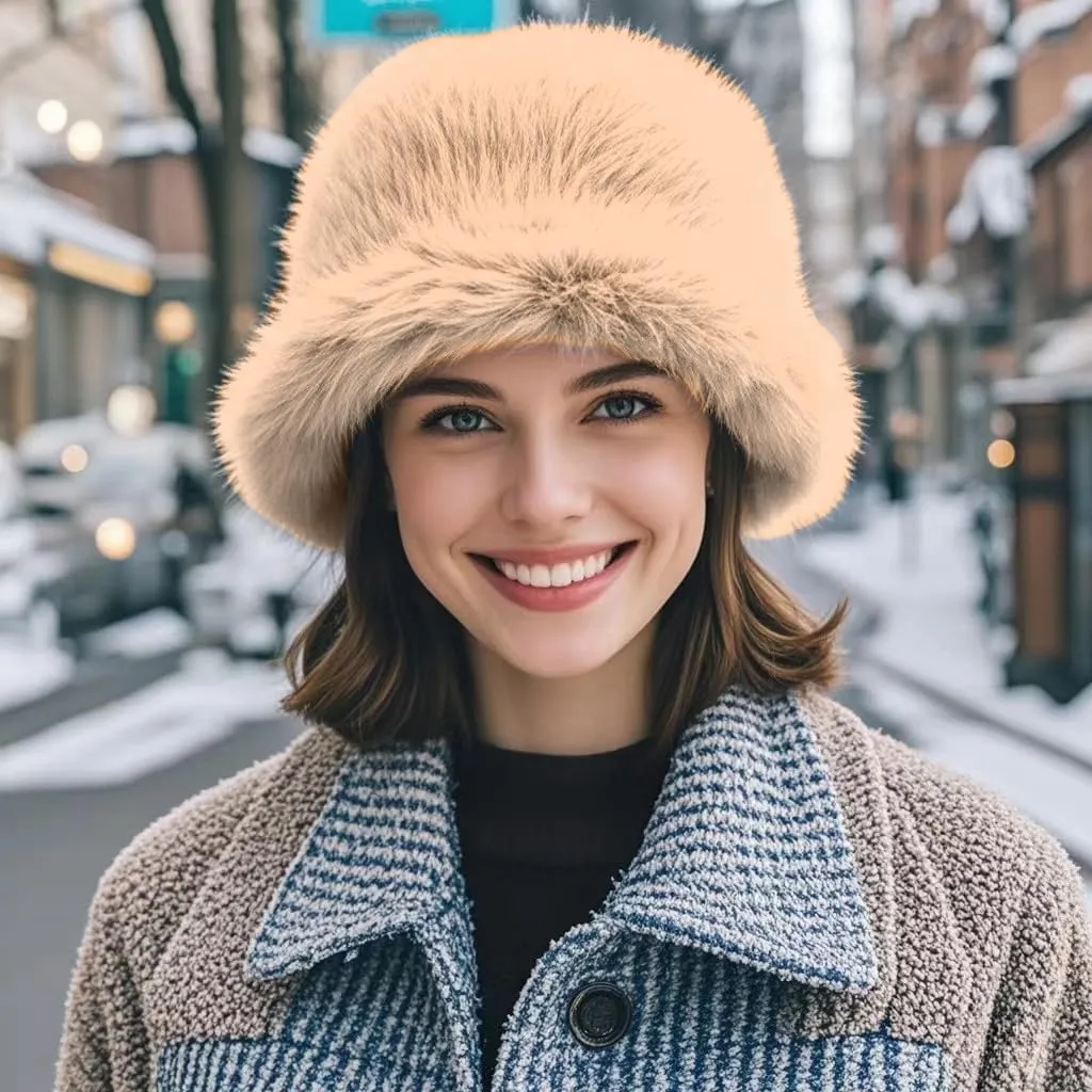 Women's Winter Faux Fur Fuzzy Warm Bucket Hat Furry Fisherman Plush Hats for Women