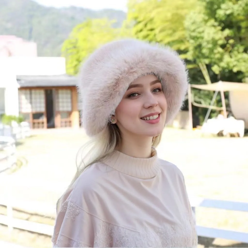 Women's Winter Faux Fur Fuzzy Warm Bucket Hat Furry Fisherman Plush Hats for Women