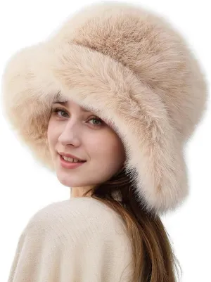 Women's Winter Faux Fur Fuzzy Warm Bucket Hat Furry Fisherman Plush Hats for Women