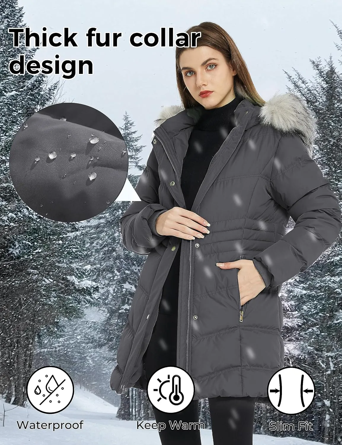 Women's Winter Long Puffer Coat Parka Jacket with Faux Fur Removable Hood
