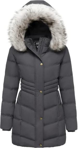 Women's Winter Long Puffer Coat Parka Jacket with Faux Fur Removable Hood