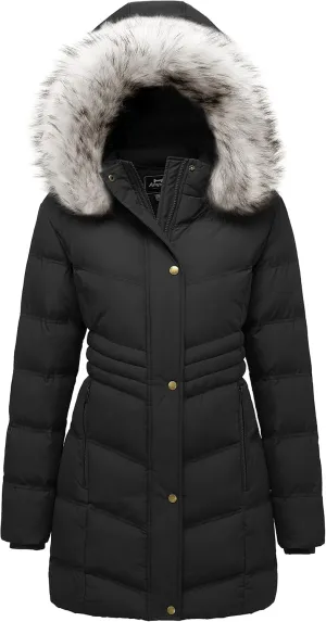 Women's Winter Long Puffer Coat Parka Jacket with Faux Fur Removable Hood