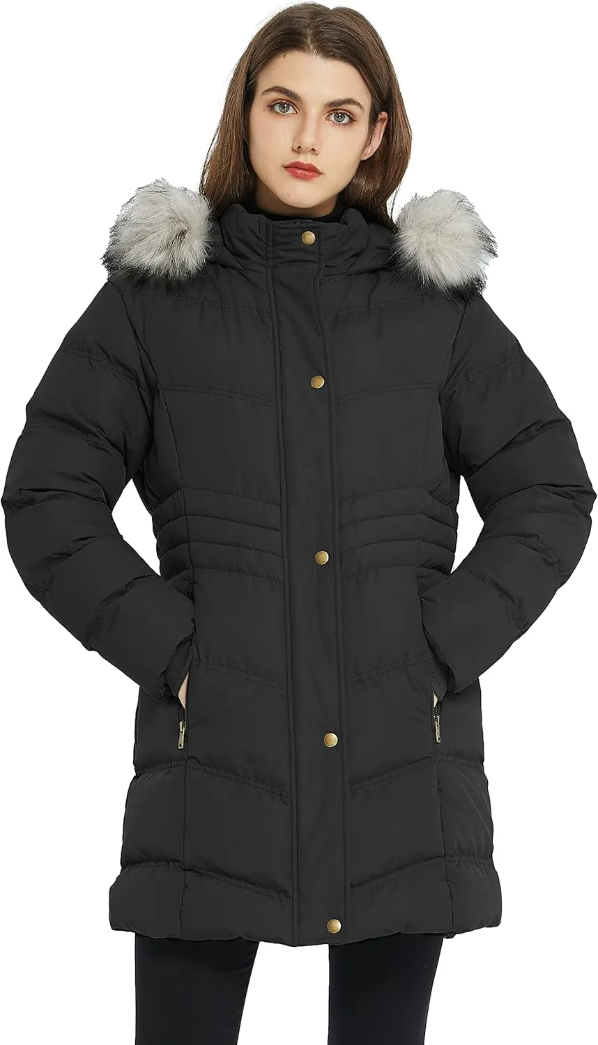 Women's Winter Long Puffer Coat Parka Jacket with Faux Fur Removable Hood