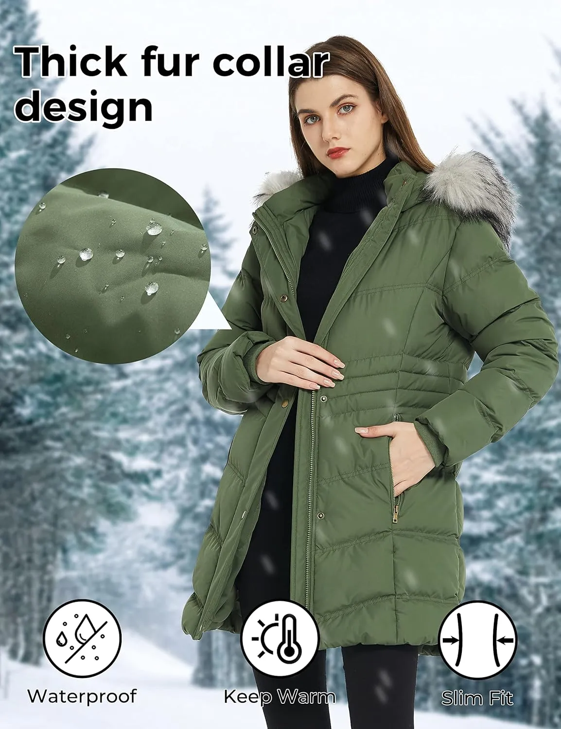 Women's Winter Long Puffer Coat Parka Jacket with Faux Fur Removable Hood