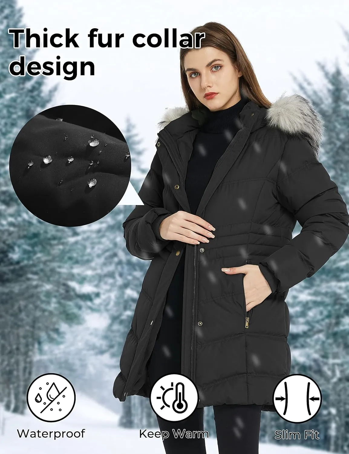 Women's Winter Long Puffer Coat Parka Jacket with Faux Fur Removable Hood