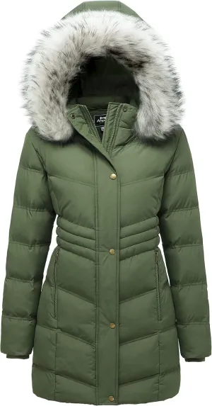 Women's Winter Long Puffer Coat Parka Jacket with Faux Fur Removable Hood