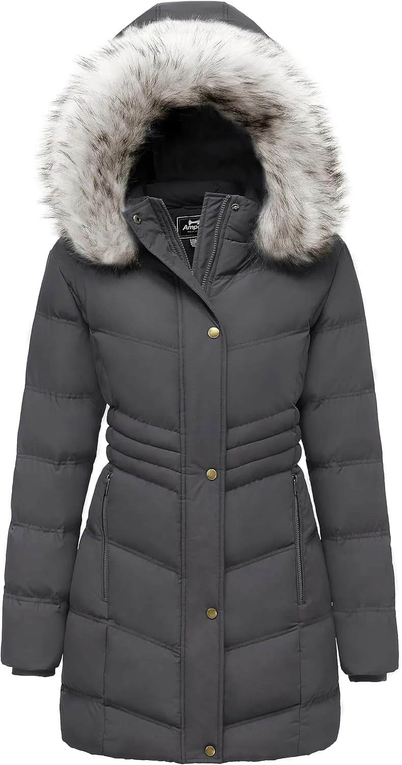 Women's Winter Long Puffer Coat Parka Jacket with Faux Fur Removable Hood
