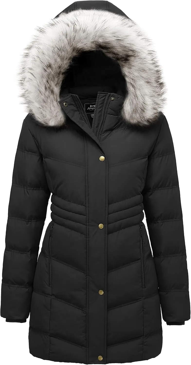 Women's Winter Long Puffer Coat Parka Jacket with Faux Fur Removable Hood