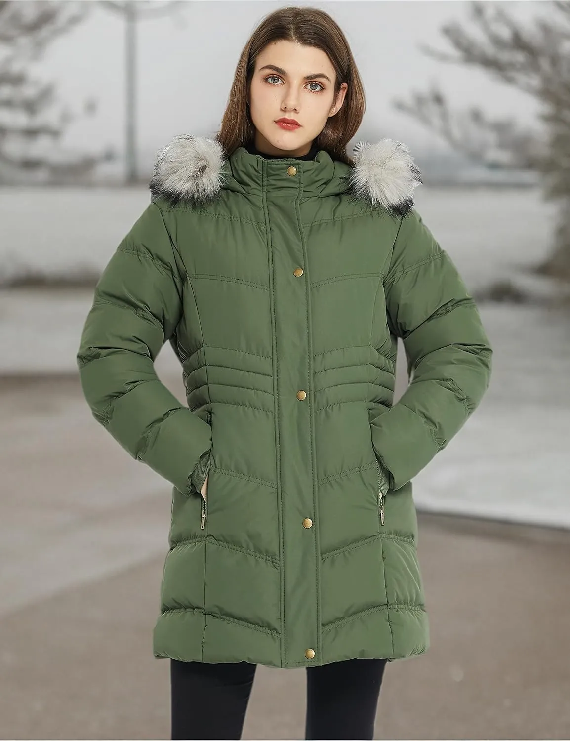 Women's Winter Long Puffer Coat Parka Jacket with Faux Fur Removable Hood
