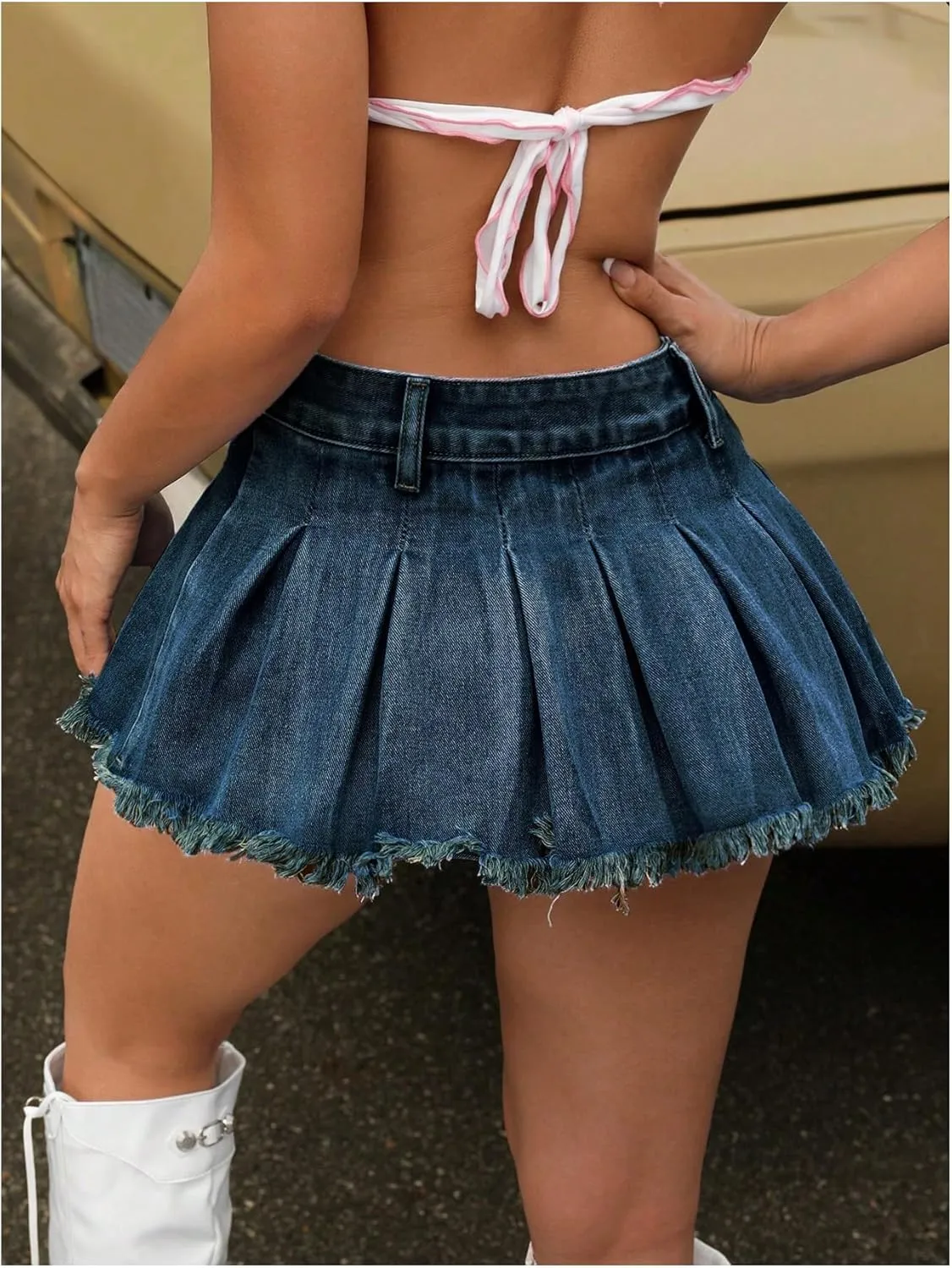 Women's Y2K Low Waist Pleated Denim Skirt Zipper Raw Hem Mini Skirt Casual Ruffle Jean Skirt