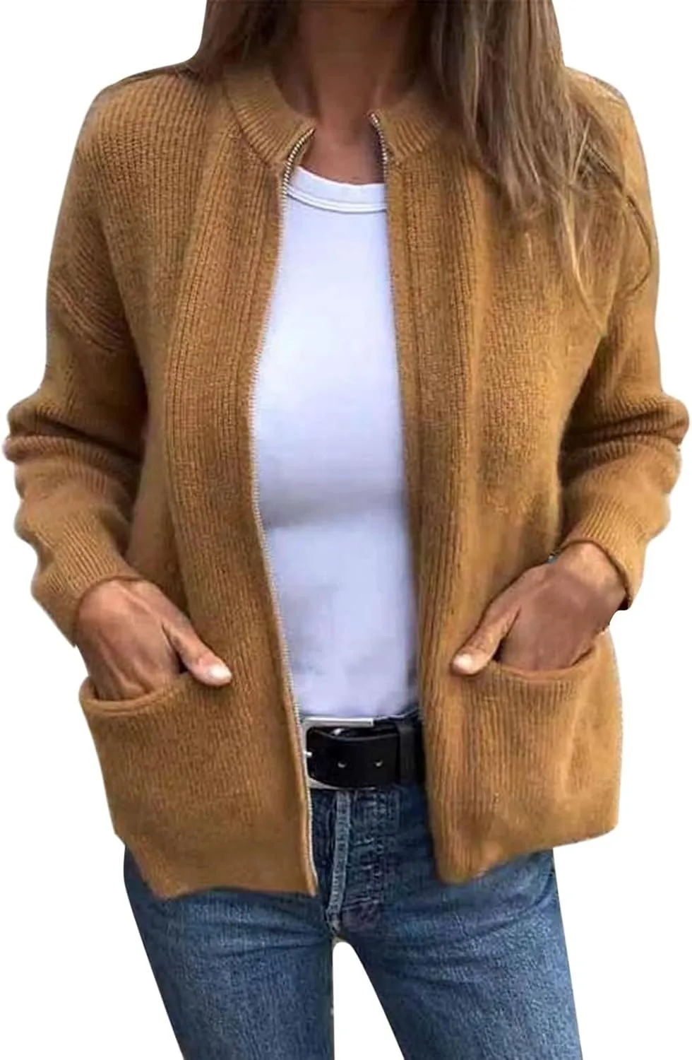 Women's Zip up Cardigan Sweaters 2024 Winter Fashion Warm Sweater with Pockets Casual Cozy Long Sleeve Outwear Coats