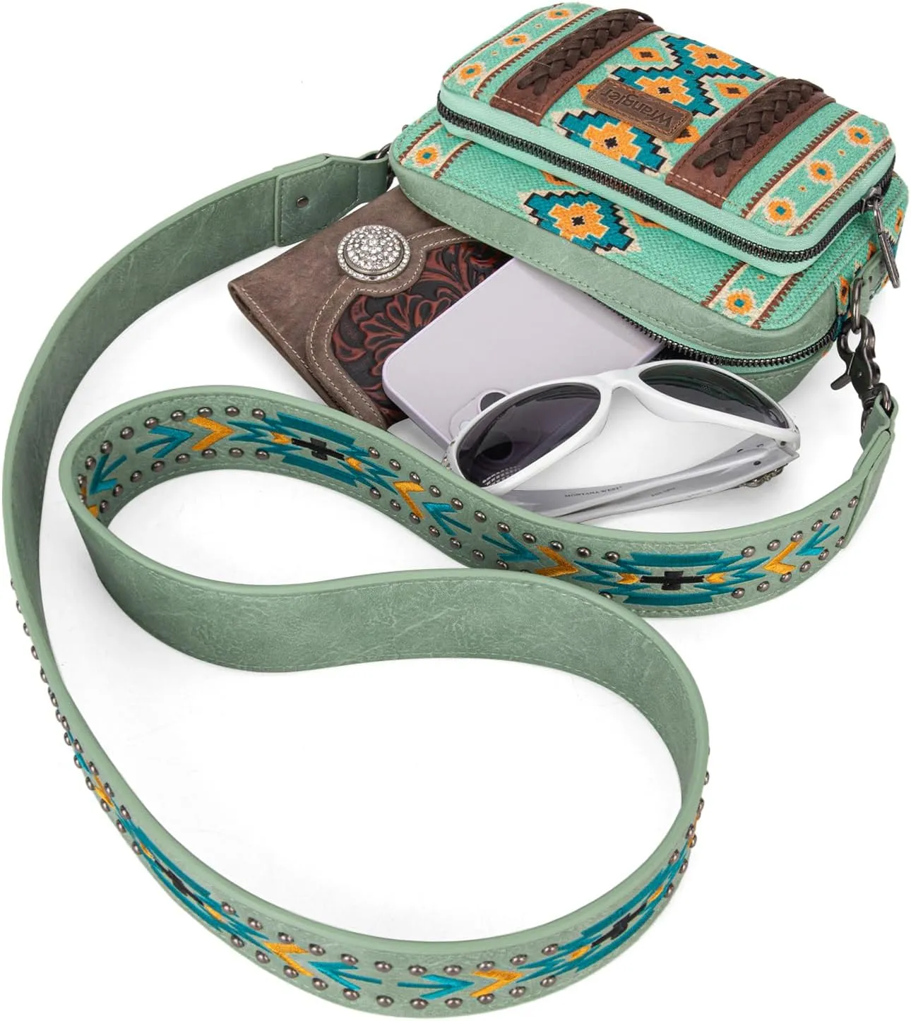 Wrangler Crossbody Bag for Women Boho Aztec Small Multi Pocket Crossover Purse