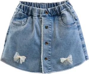 Wrap Front Button Lace Bowknot Skort for Girls, Kids High Waisted Y2k Symmetrical Raw Hem Pocket Midi Denim Skirt