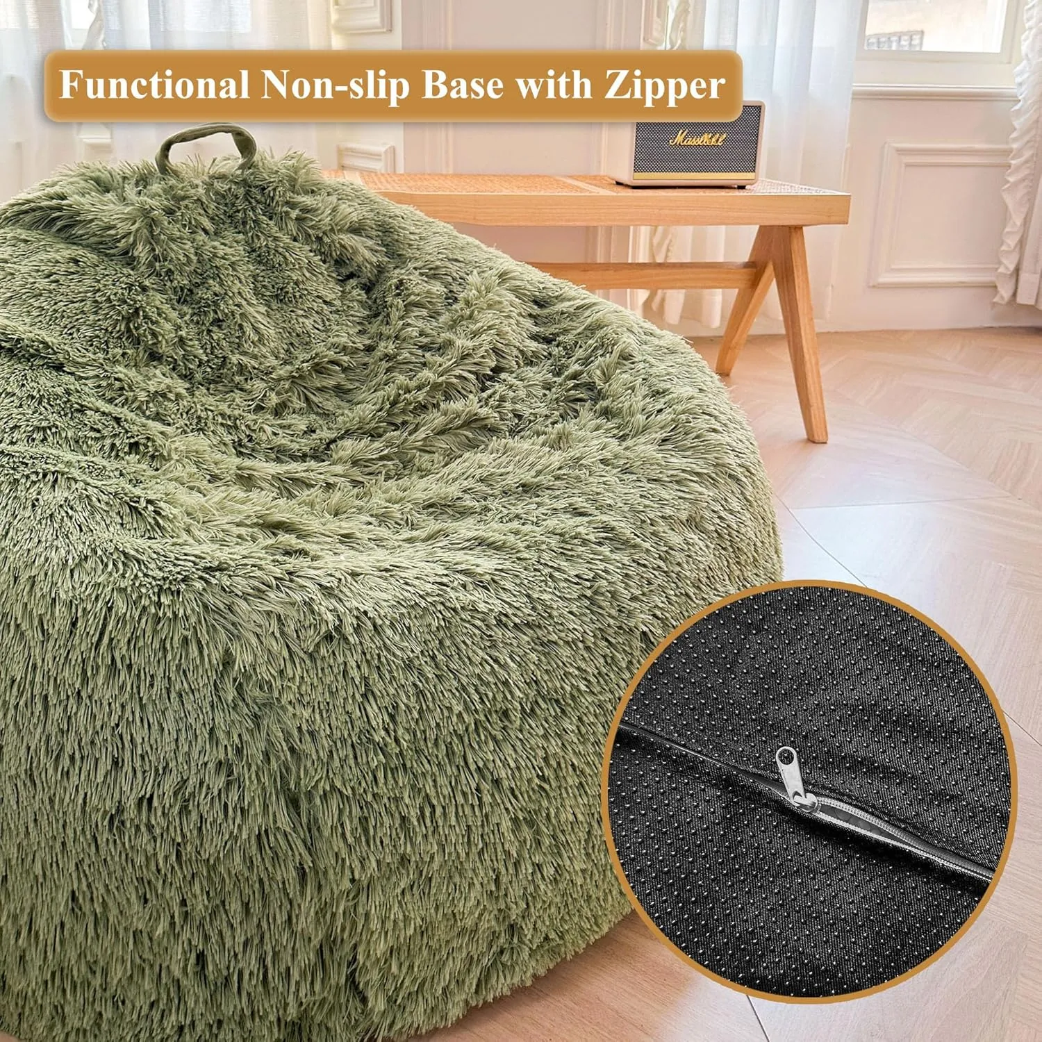 XeGe Kids Fluffy Faux Fur Bean Bag Chair Cover (No Filler), Soft Furry Stuffed Animal Storage Bean Bag Cover for Plush Toys, Shaggy Fuzzy Beanbag for Kids Teens Girls Children, Anti-Slip, Sage Green