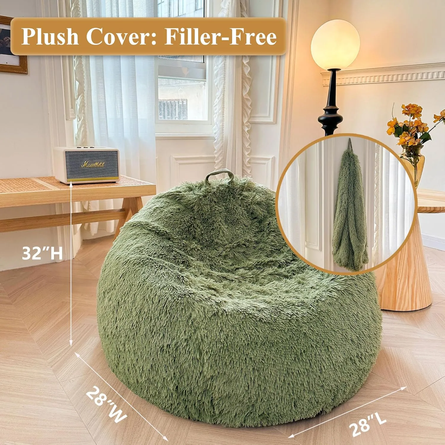 XeGe Kids Fluffy Faux Fur Bean Bag Chair Cover (No Filler), Soft Furry Stuffed Animal Storage Bean Bag Cover for Plush Toys, Shaggy Fuzzy Beanbag for Kids Teens Girls Children, Anti-Slip, Sage Green