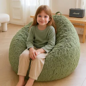 XeGe Kids Fluffy Faux Fur Bean Bag Chair Cover (No Filler), Soft Furry Stuffed Animal Storage Bean Bag Cover for Plush Toys, Shaggy Fuzzy Beanbag for Kids Teens Girls Children, Anti-Slip, Sage Green