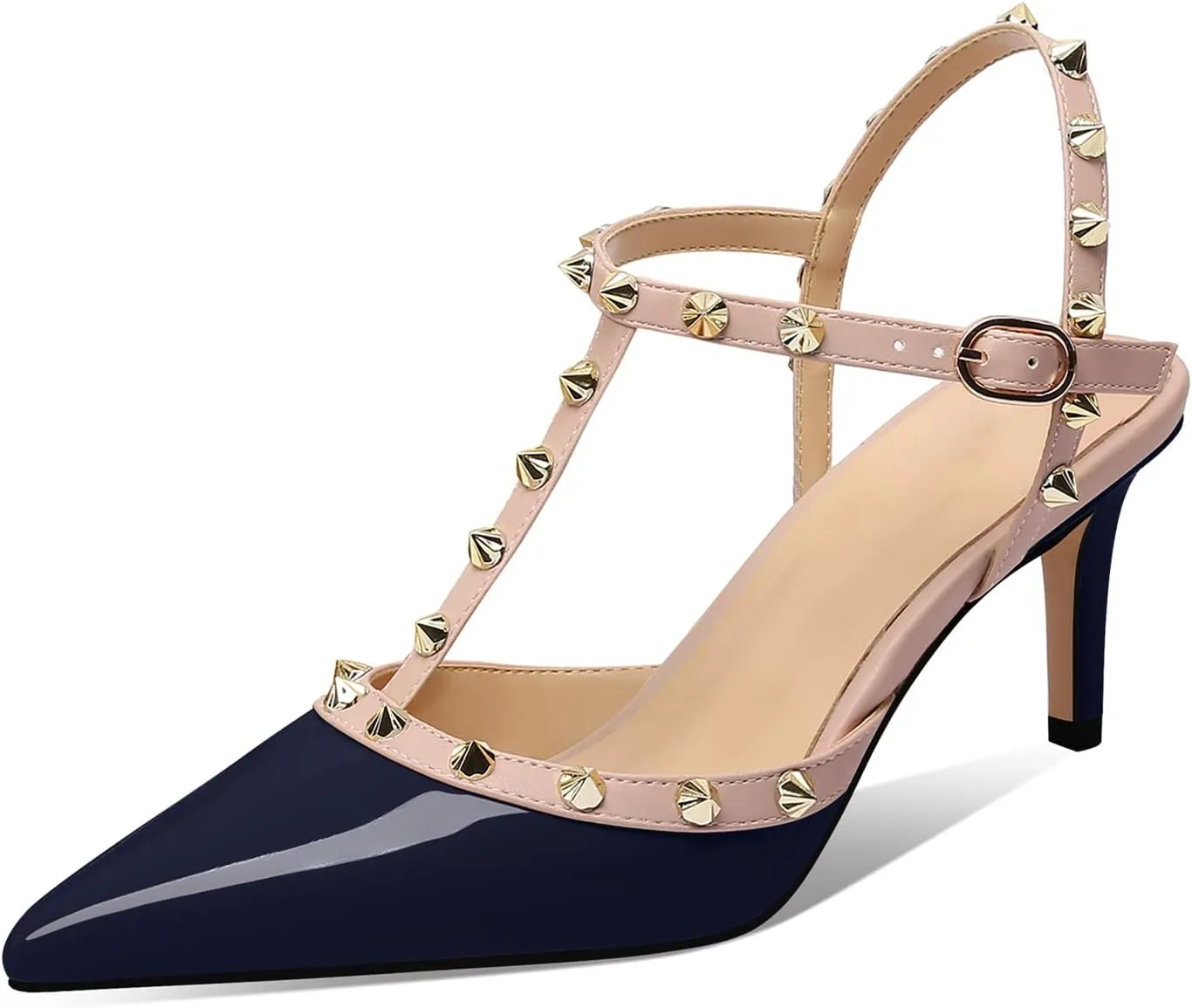 XINIUNIU Studded Heels for Women Kitten Heels with Studs Stiletto Sandals with Rivet Ankle Strap Patent Leather Pointy Toe 2.5 Inch Party Daily Wear Evening Sandals