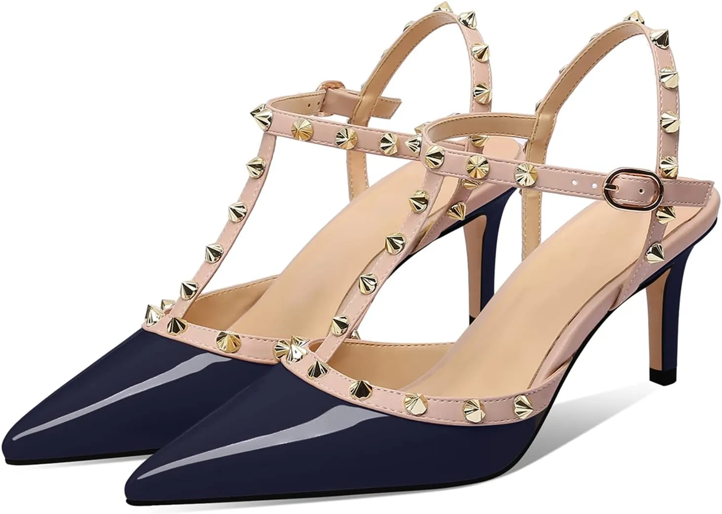 XINIUNIU Studded Heels for Women Kitten Heels with Studs Stiletto Sandals with Rivet Ankle Strap Patent Leather Pointy Toe 2.5 Inch Party Daily Wear Evening Sandals