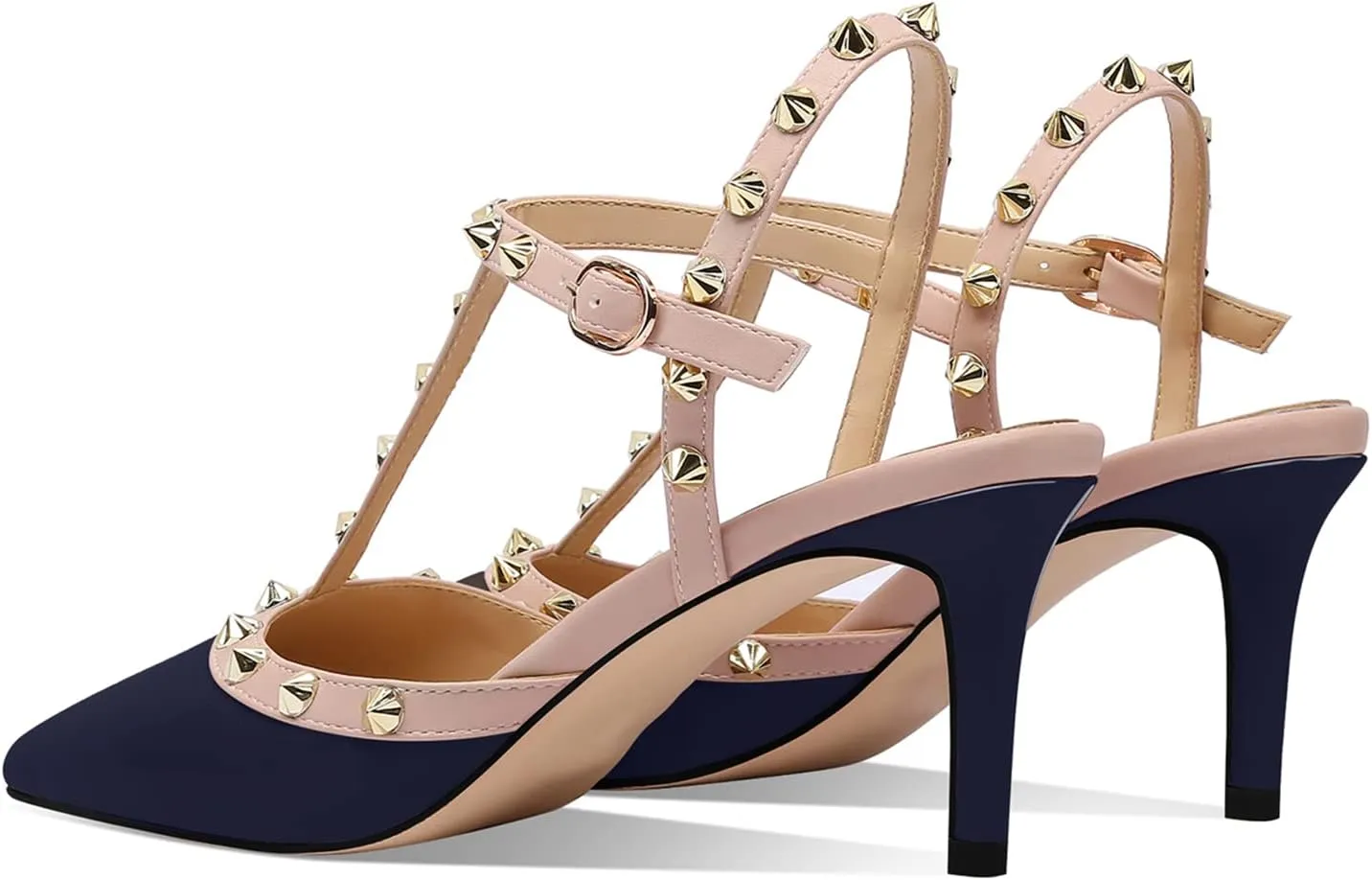 XINIUNIU Studded Heels for Women Kitten Heels with Studs Stiletto Sandals with Rivet Ankle Strap Patent Leather Pointy Toe 2.5 Inch Party Daily Wear Evening Sandals