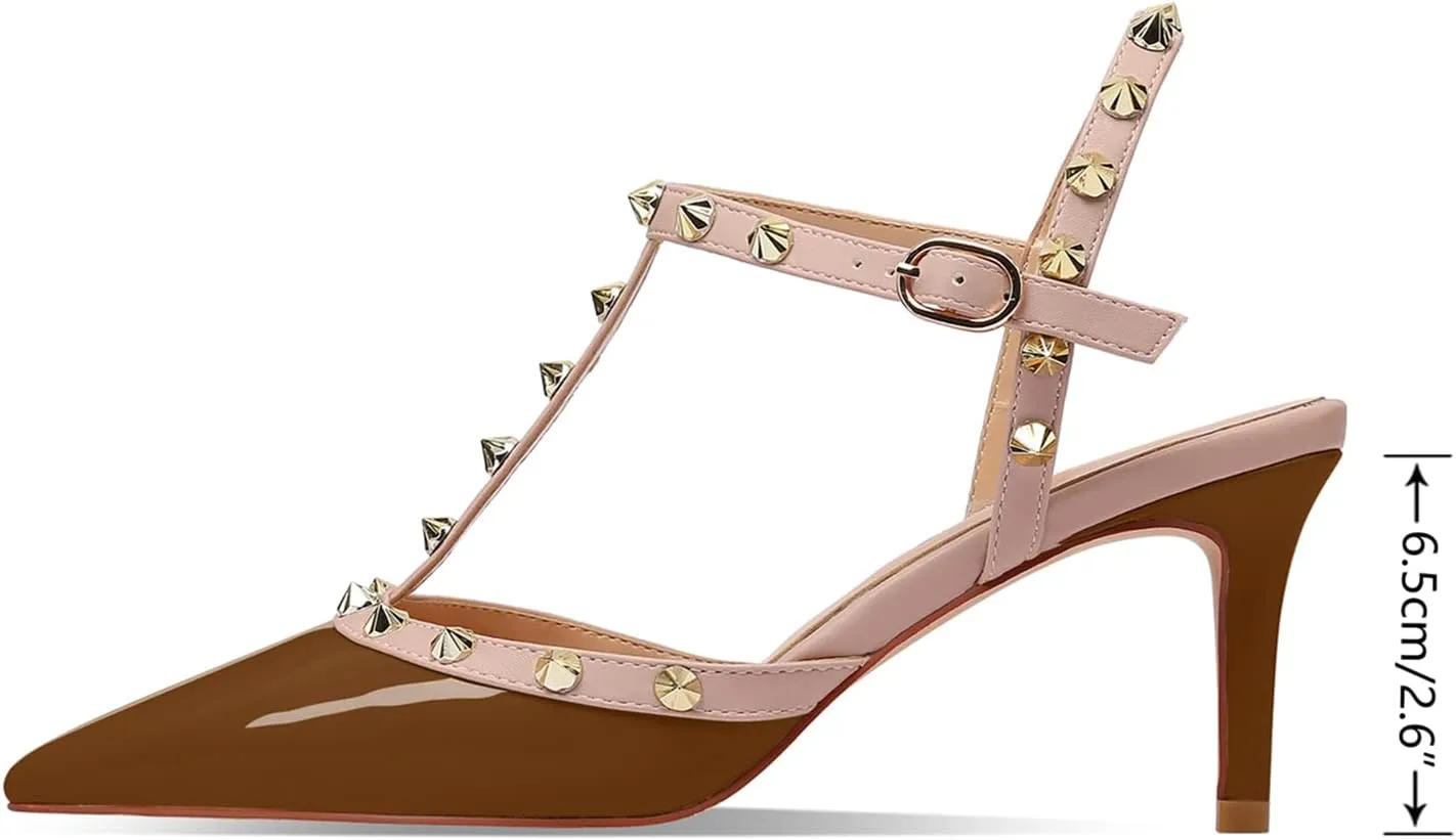 XINIUNIU Studded Heels for Women Kitten Heels with Studs Stiletto Sandals with Rivet Ankle Strap Patent Leather Pointy Toe 2.5 Inch Party Daily Wear Evening Sandals