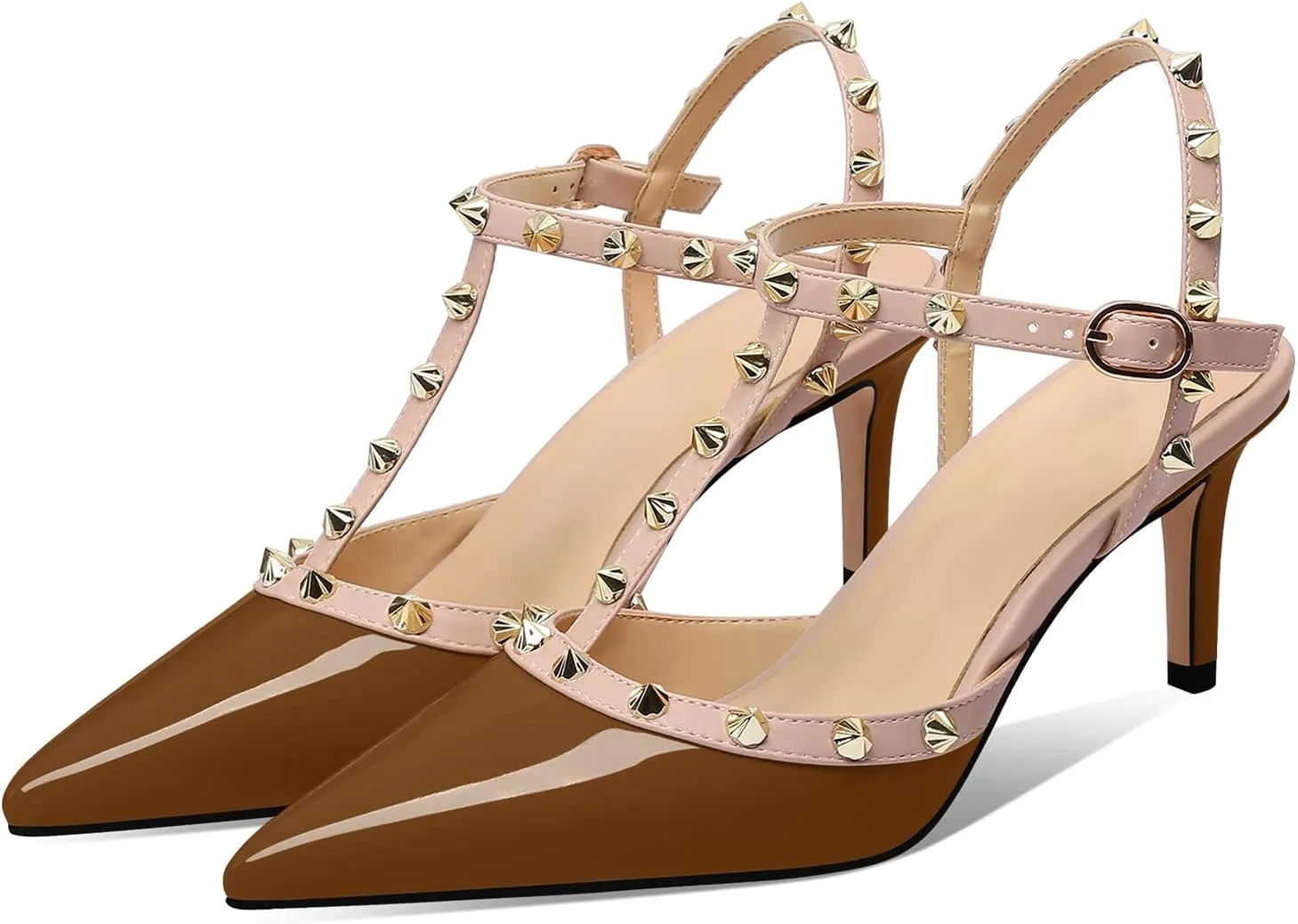 XINIUNIU Studded Heels for Women Kitten Heels with Studs Stiletto Sandals with Rivet Ankle Strap Patent Leather Pointy Toe 2.5 Inch Party Daily Wear Evening Sandals