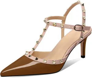 XINIUNIU Studded Heels for Women Kitten Heels with Studs Stiletto Sandals with Rivet Ankle Strap Patent Leather Pointy Toe 2.5 Inch Party Daily Wear Evening Sandals