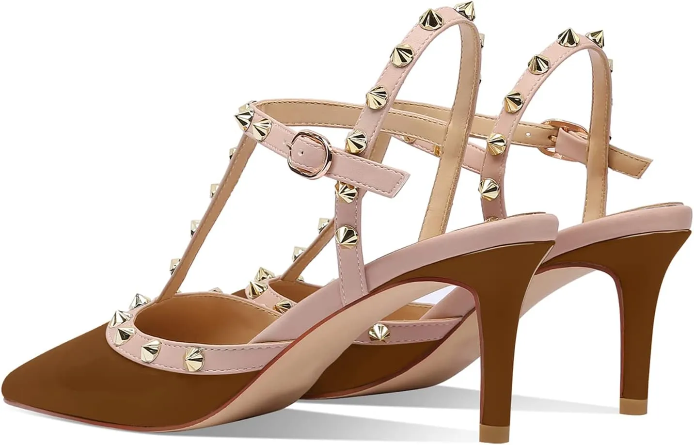 XINIUNIU Studded Heels for Women Kitten Heels with Studs Stiletto Sandals with Rivet Ankle Strap Patent Leather Pointy Toe 2.5 Inch Party Daily Wear Evening Sandals