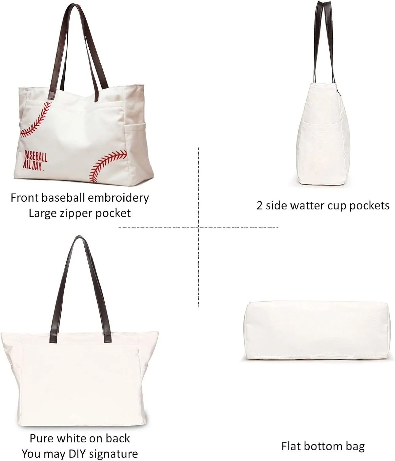 XL Baseball Mom Tote Bags For Women Canvas Utility Purse Handbag with Pockets